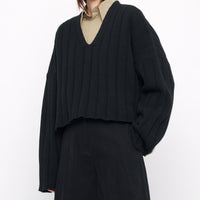 Oversized Ribbed V-Neck - Black