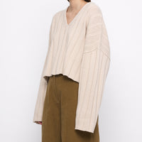 Oversized Ribbed V-Neck - Beige-White