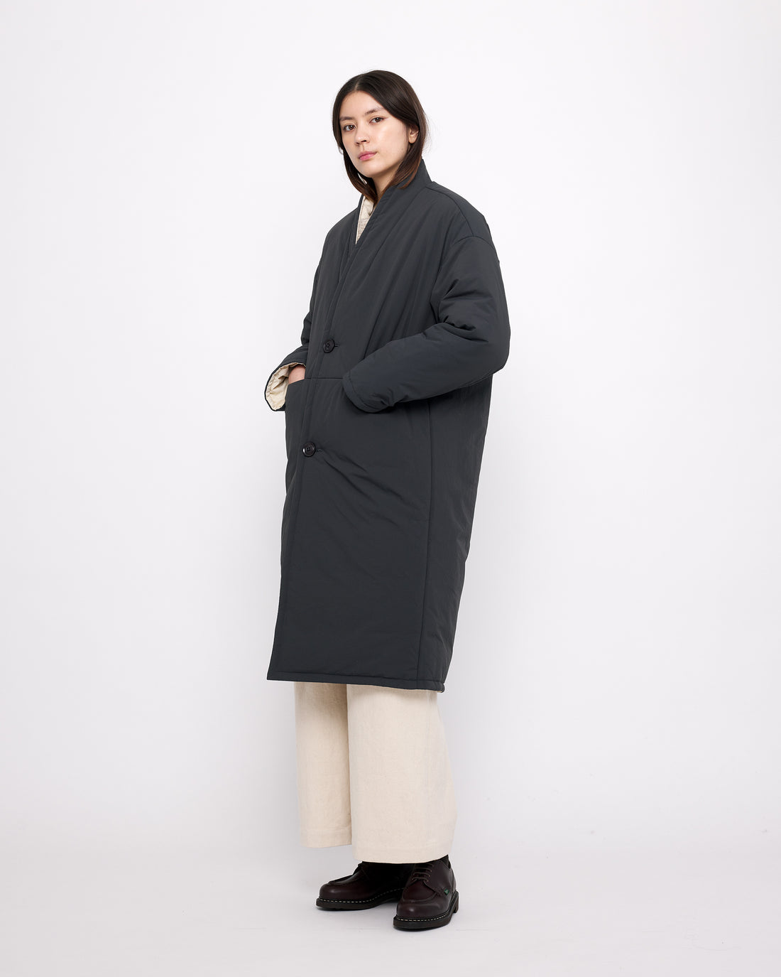 Reversible Quilted Coat - FW24 - Navy Gray/Off-White