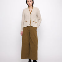 V-Neck Pockets Trimmed Cardigan - FW24 - White Dove (Mustard)