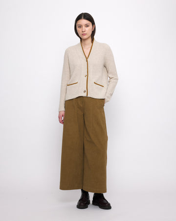 V-Neck Pockets Trimmed Cardigan - FW24 - White Dove (Mustard)