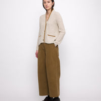 V-Neck Pockets Trimmed Cardigan - FW24 - White Dove (Mustard)