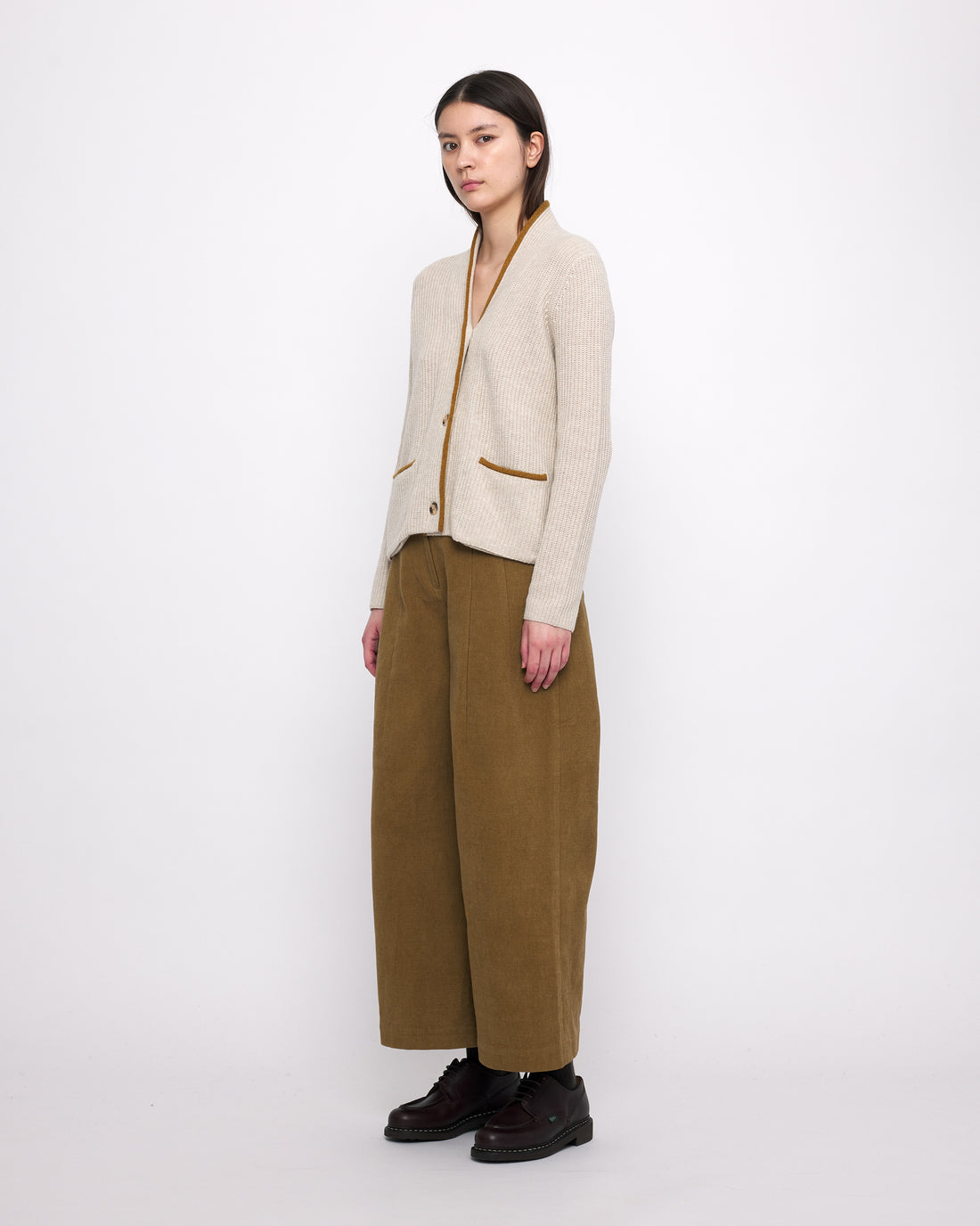 V-Neck Pockets Trimmed Cardigan - FW24 - White Dove (Mustard)