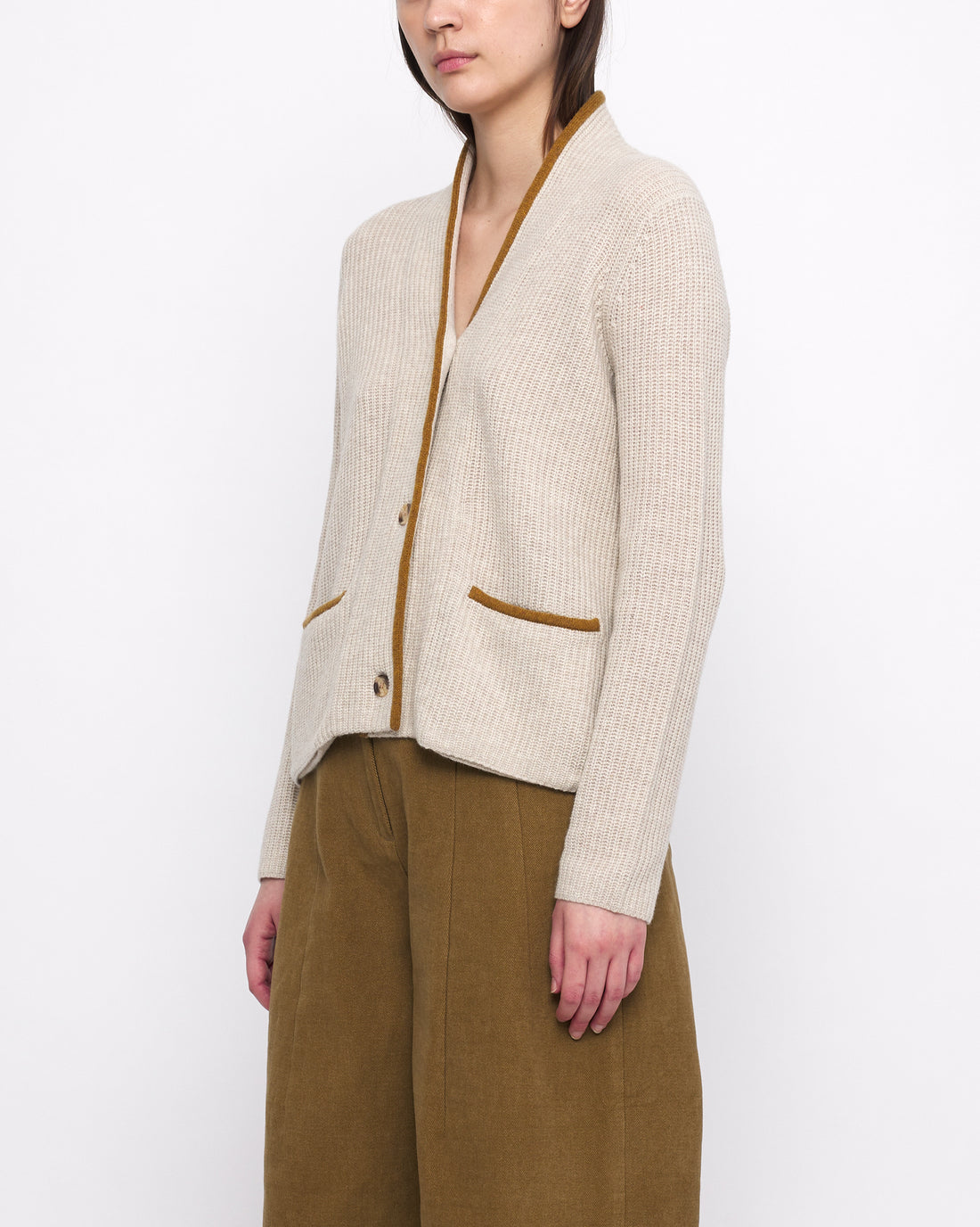 V-Neck Pockets Trimmed Cardigan - FW24 - White Dove (Mustard)