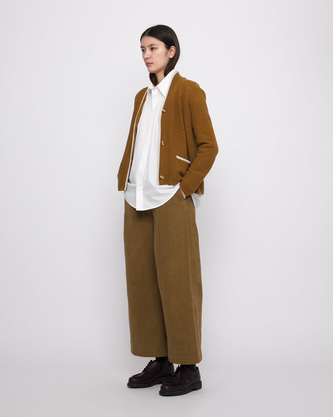 V-Neck Pockets Trimmed Cardigan - FW24 - Mustard (White Dove)