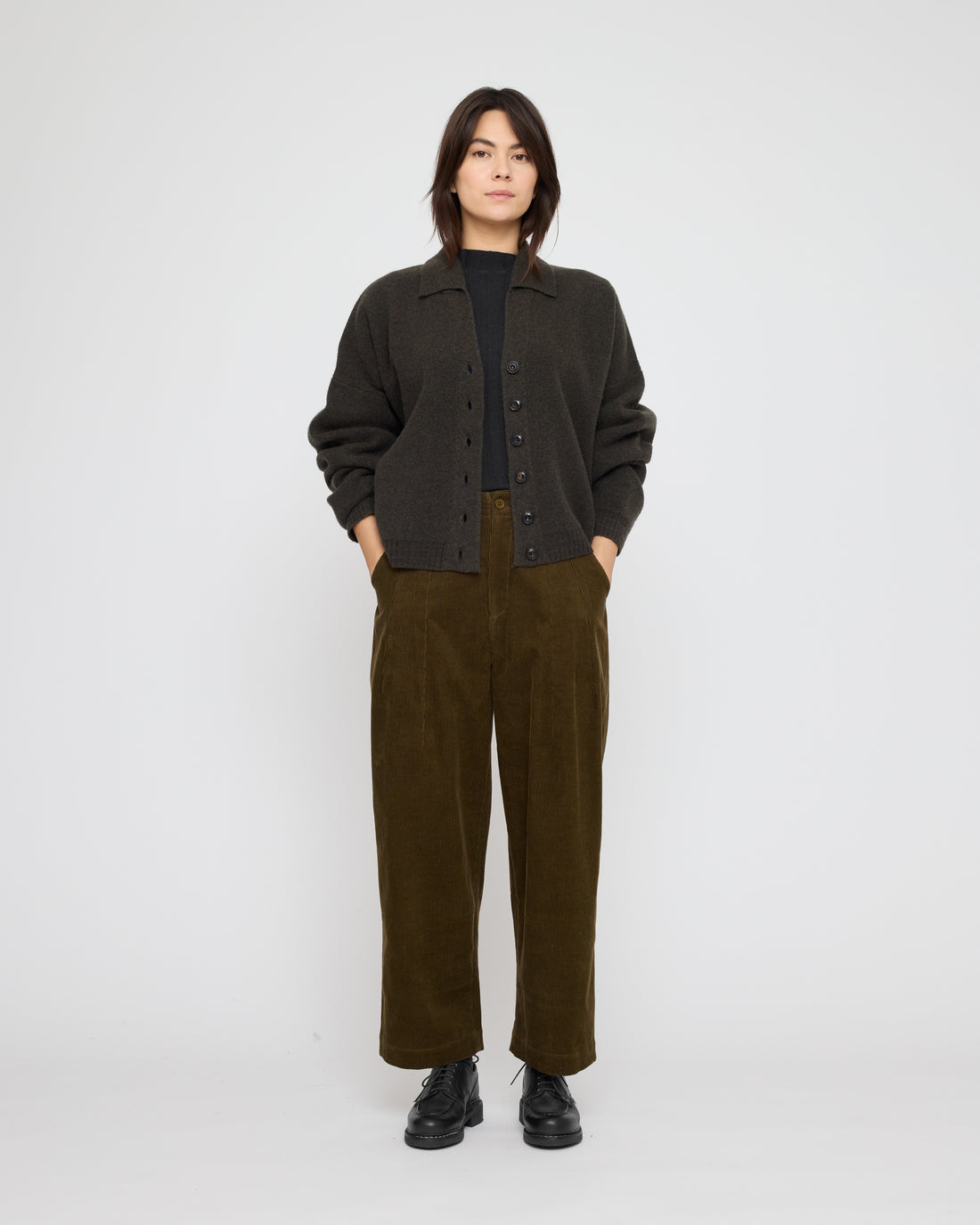 Collared Cropped Cardigan - FW26 - Olive Brown