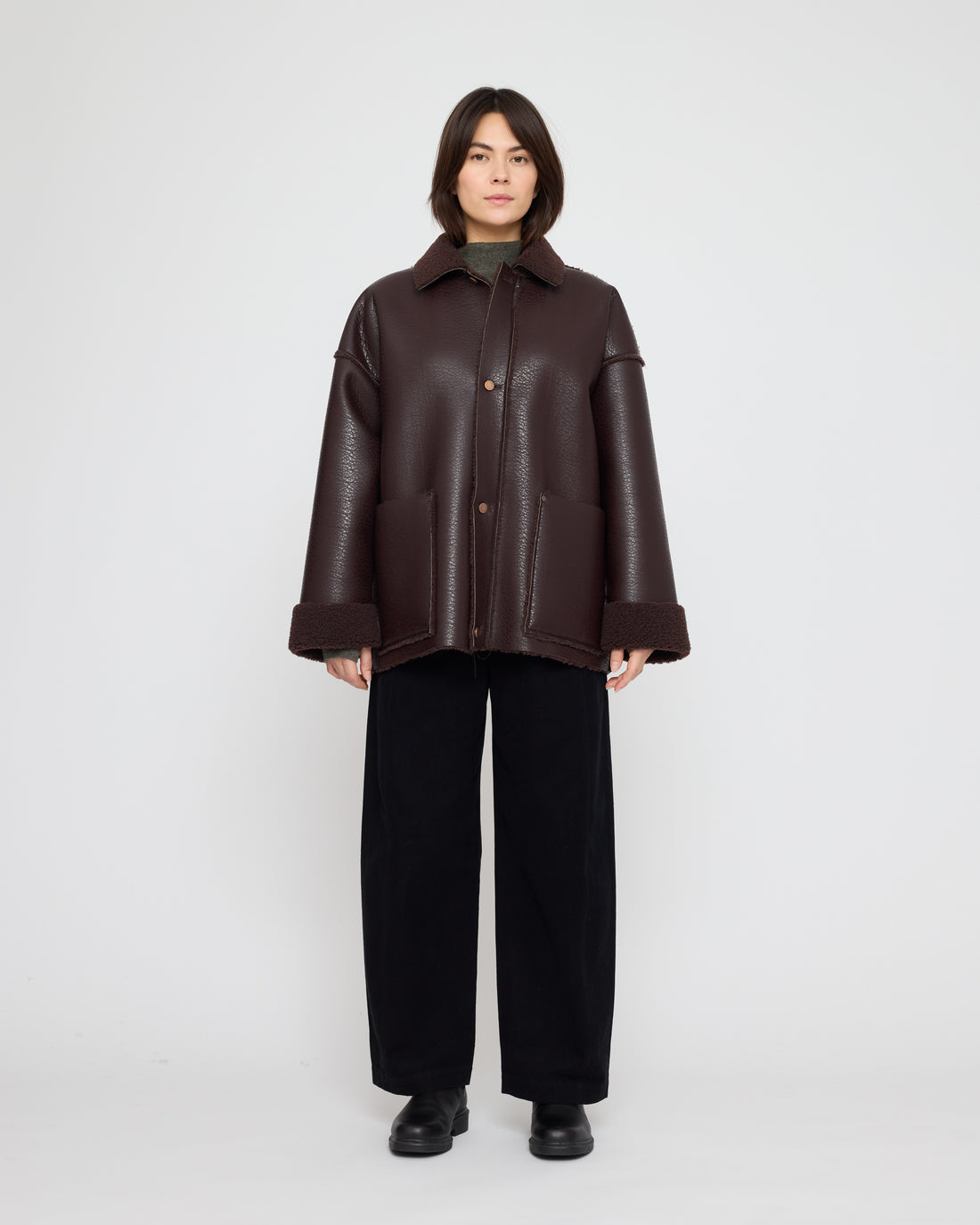 Faux Leather Shearling Jacket - FW26 - Chestnut Brown