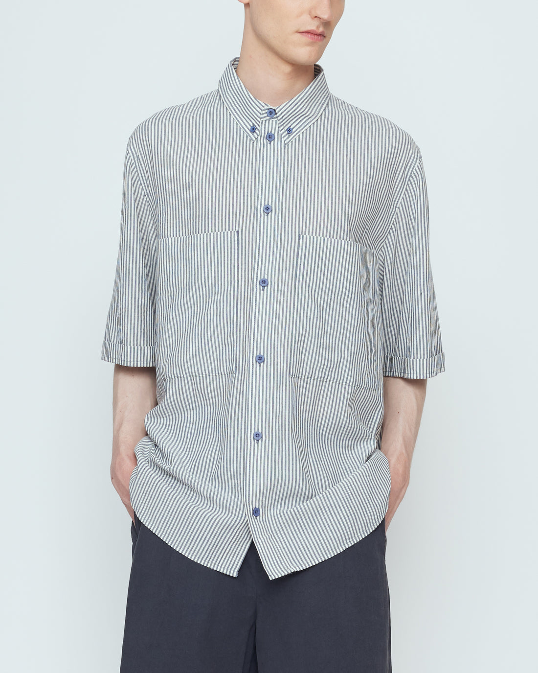 Striped Double Pockets Shirt - SS26 - Navy Stripes